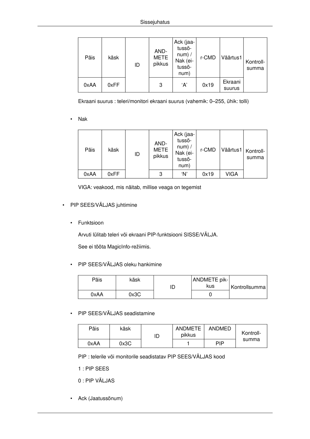 Samsung LH32CRTMBC/EN, LH32CRSMBD/EN manual Andmed PIP 