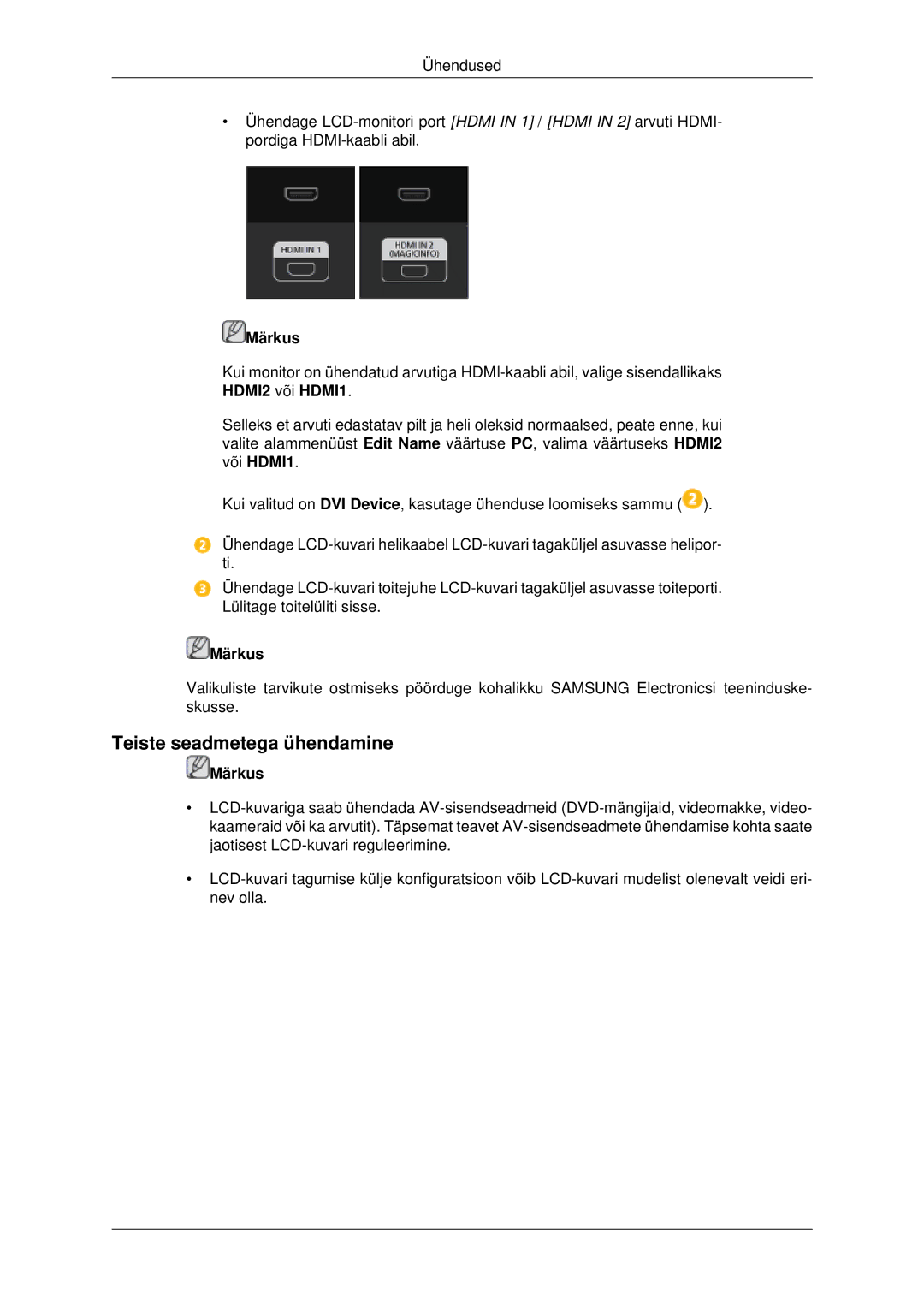 Samsung LH32CRTMBC/EN, LH32CRSMBD/EN manual Teiste seadmetega ühendamine, HDMI2 või HDMI1 