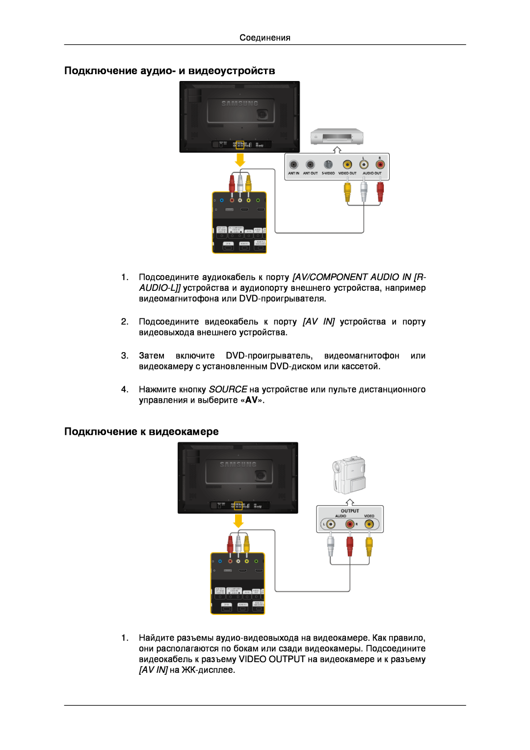 Samsung LH32CRSMBD/EN, LH32CRTMBC/EN manual Подключение аудио- и видеоустройств, Подключение к видеокамере 
