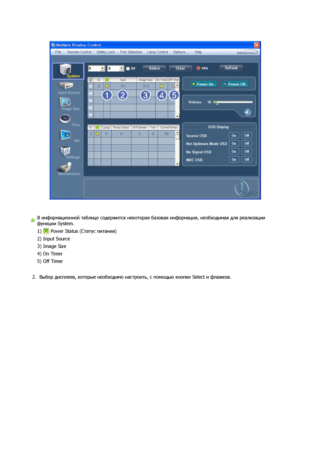 Samsung LH32CRTMBC/EN, LH32CRSMBD/EN manual Power Status Статус питания 2 Input Source 3 Image Size 4 On Timer, Off Timer 