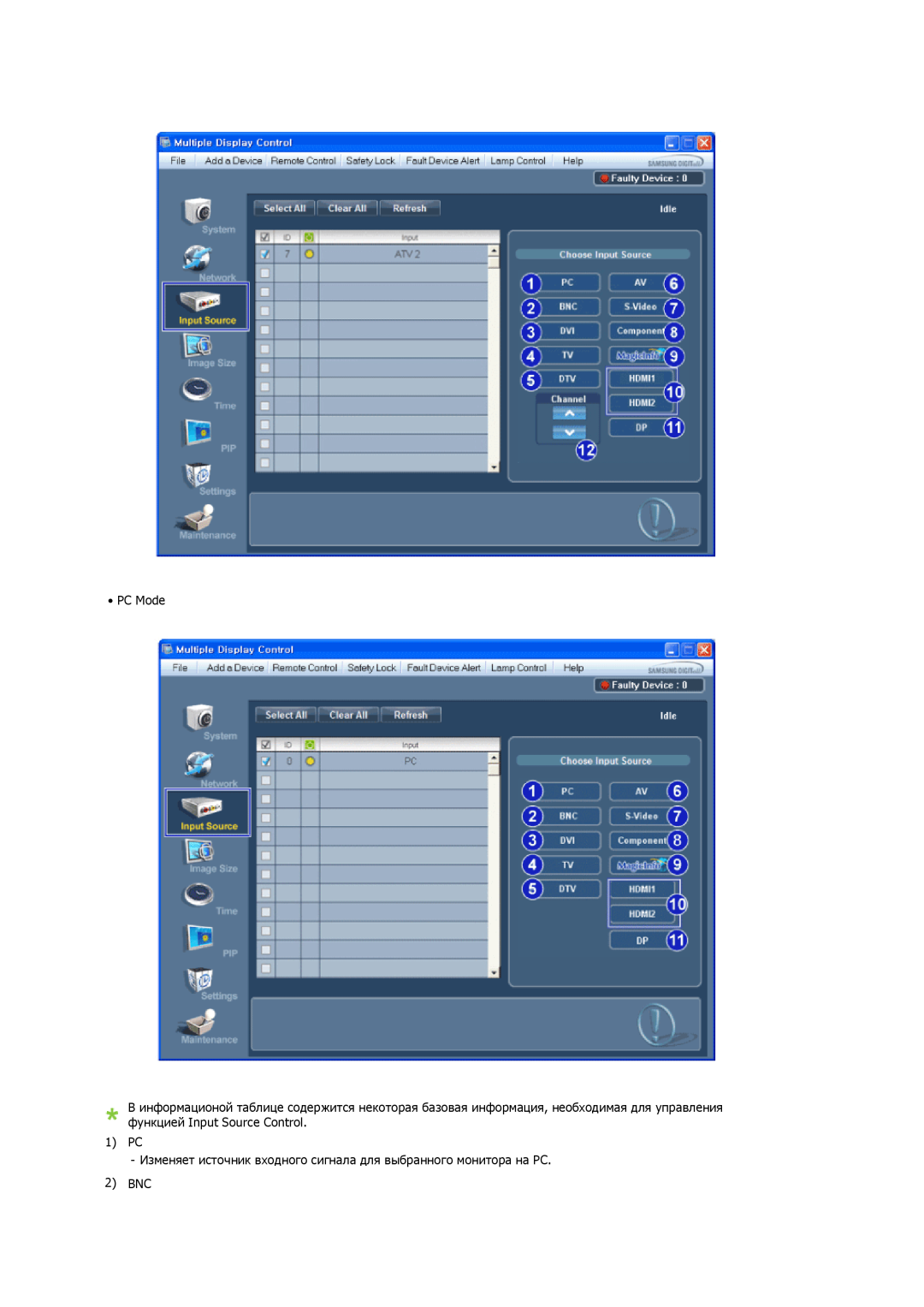 Samsung LH32CRTMBC/EN, LH32CRSMBD/EN PC Mode, 1 PC Изменяет источник входного сигнала для выбранного монитора на PC, 2 BNC 