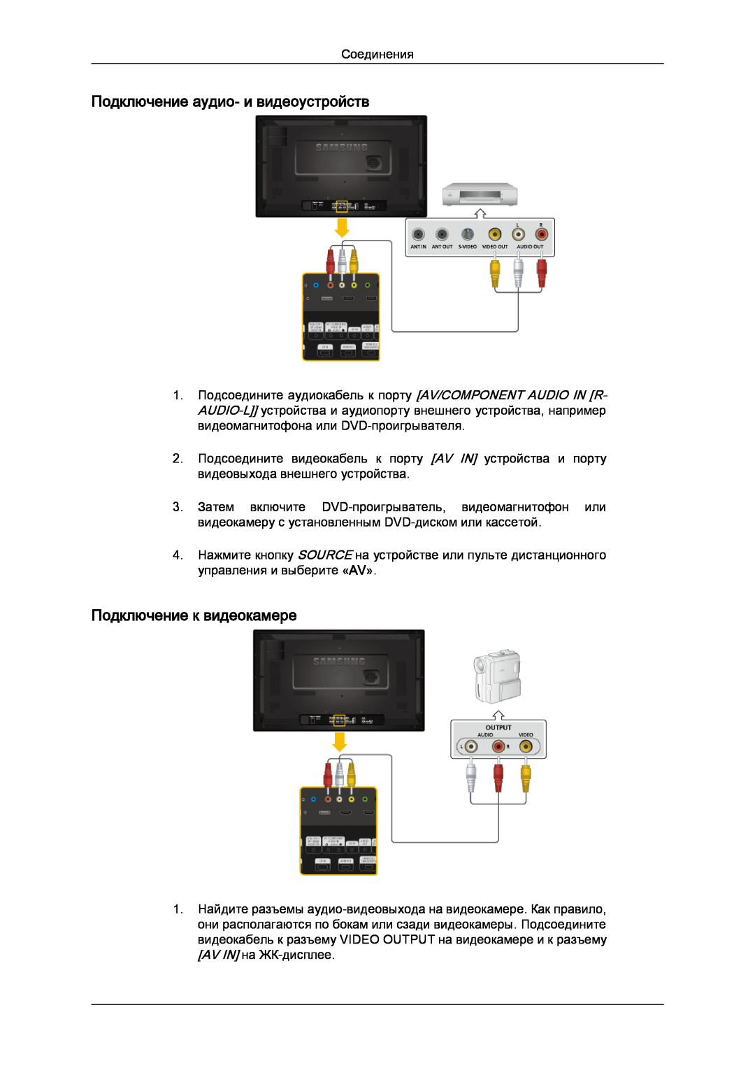 Samsung LH32CRSMBD/EN, LH32CRTMBC/EN manual Подключение аудио- и видеоустройств, Подключение к видеокамере 