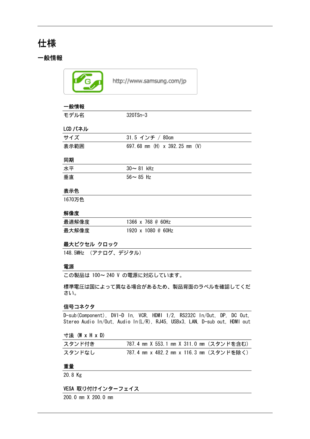 Samsung LH32CRTMBC/XJ, LH32CRSMBD/XJ manual 一般情報, 最大ピクセル クロック 