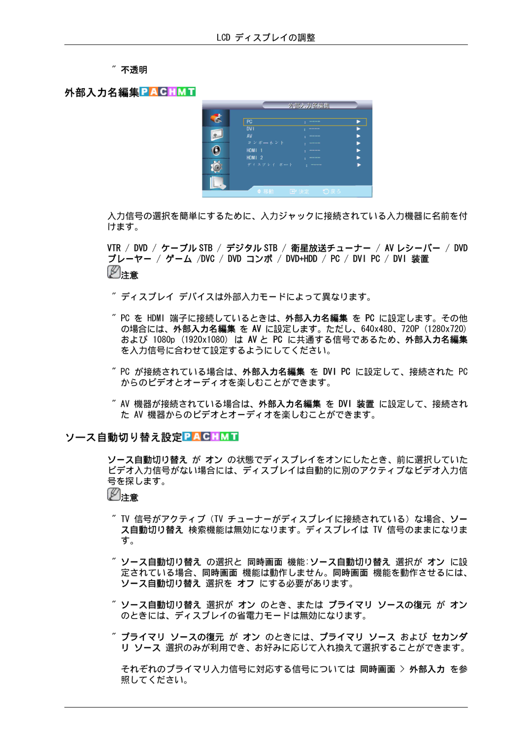 Samsung LH32CRTMBC/XJ, LH32CRSMBD/XJ manual 外部入力名編集, ソース自動切り替え設定 