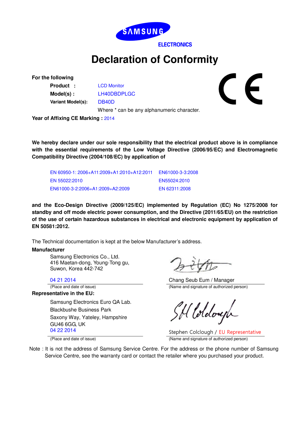 Samsung LH48DBDPLGC/EN, LH32DBDPLGC/EN, LH40DBDPLGC/EN, LH55DBDPLGC/EN manual Declaration of Conformity, DB40D 