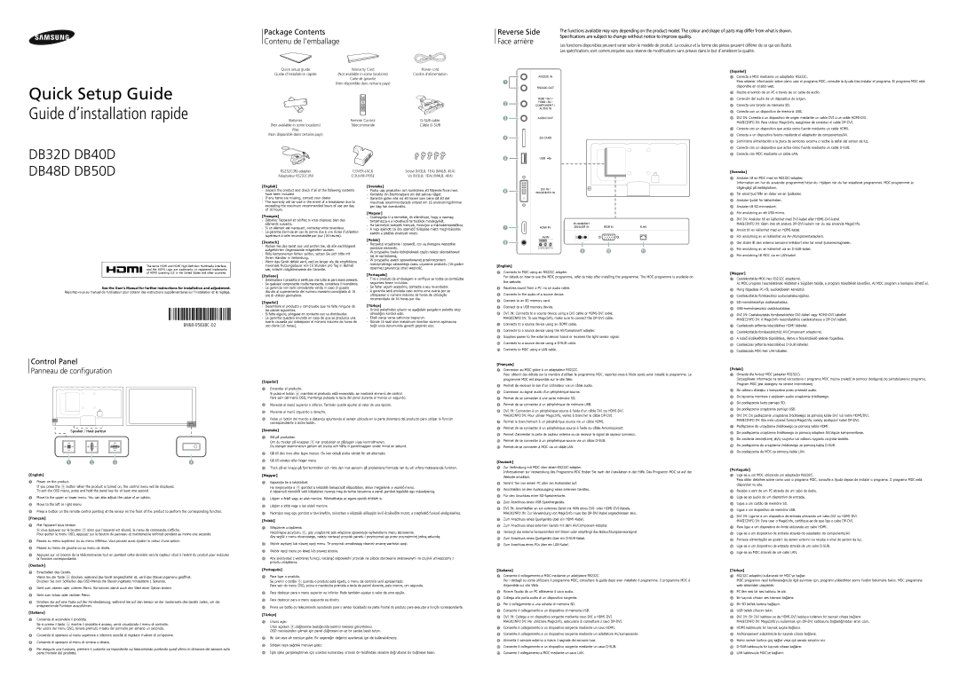 Samsung LH48DBDPLGC/EN, LH32DBDPLGC/EN manual Reverse Side, Face arrière, Control Panel Panneau de conﬁguration 