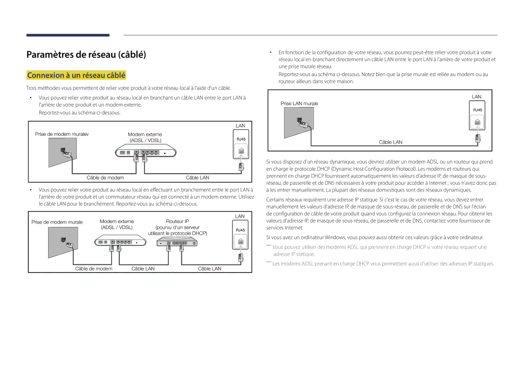 Samsung LH55DBDPLGC/EN, LH32DBDPLGC/EN, LH48DBDPLGC/EN manual Paramètres de réseau câblé, Connexion à un réseau câblé 