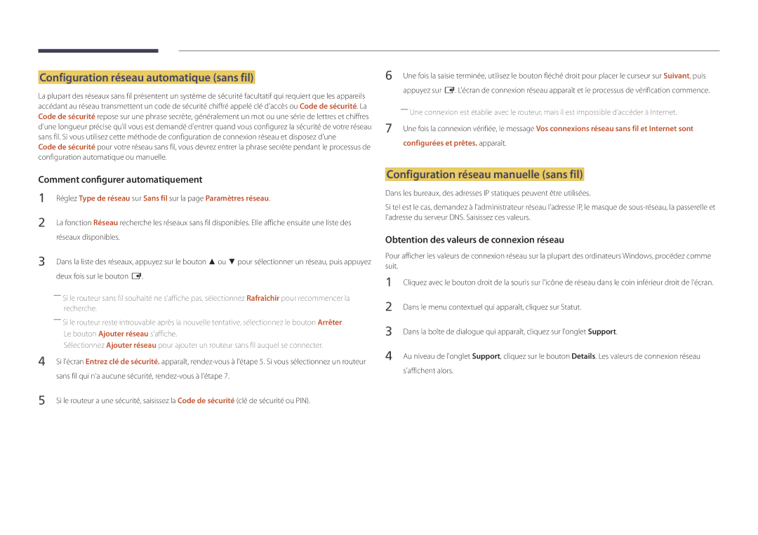 Samsung LH40DBDPLGC/EN, LH32DBDPLGC/EN Configuration réseau automatique sans fil, Configuration réseau manuelle sans fil 