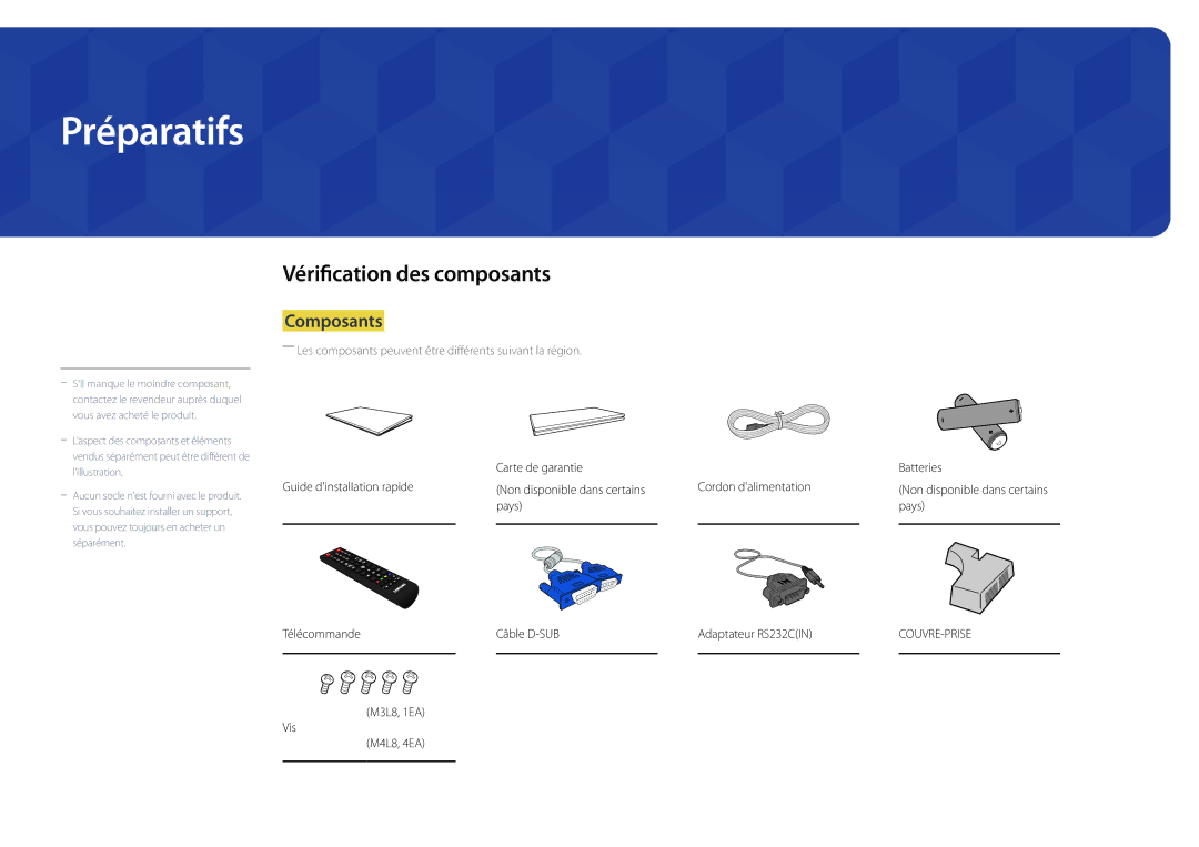 Samsung LH48DBDPLGC/EN, LH32DBDPLGC/EN manual Préparatifs, Vérification des composants, Composants, M3L8, 1EA Vis M4L8, 4EA 