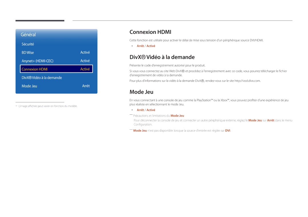 Samsung LH40DBDPLGC/EN, LH32DBDPLGC/EN, LH48DBDPLGC/EN, LH55DBDPLGC/EN Connexion Hdmi, DivX Vidéo à la demande, Mode Jeu 