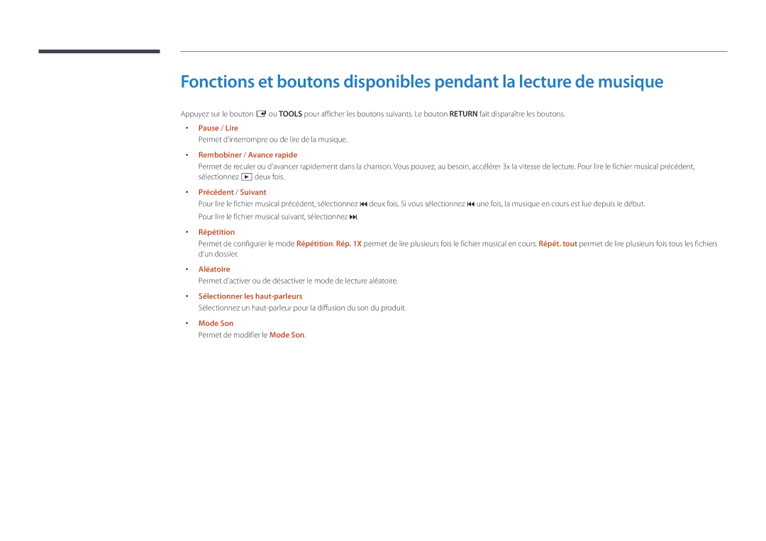 Samsung LH32DBDPLGC/EN manual Permet dinterrompre ou de lire de la musique, Aléatoire, Sélectionner les haut-parleurs 
