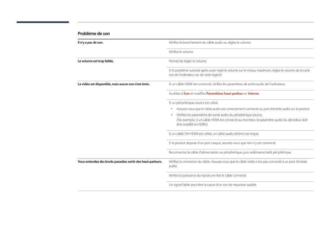 Samsung LH32DBDPLGC/EN, LH48DBDPLGC/EN, LH40DBDPLGC/EN manual Problème de son, Il ny a pas de son, Le volume est trop faible 