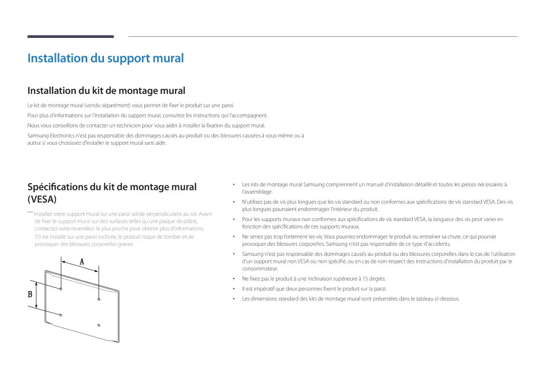 Samsung LH32DBDPLGC/EN, LH48DBDPLGC/EN, LH40DBDPLGC/EN Installation du support mural, Installation du kit de montage mural 