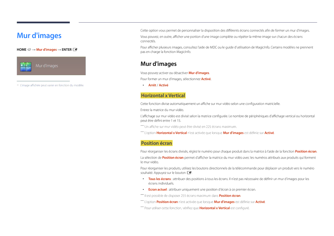 Samsung LH40DBDPLGC/EN, LH32DBDPLGC/EN, LH48DBDPLGC/EN, LH55DBDPLGC/EN Mur dimages, Horizontal x Vertical, Position écran 