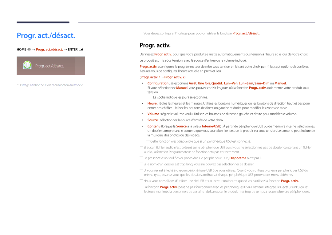 Samsung LH48DBDPLGC/EN, LH32DBDPLGC/EN, LH40DBDPLGC/EN manual Progr. activ, Home → Progr. act./désact. → Enter E 