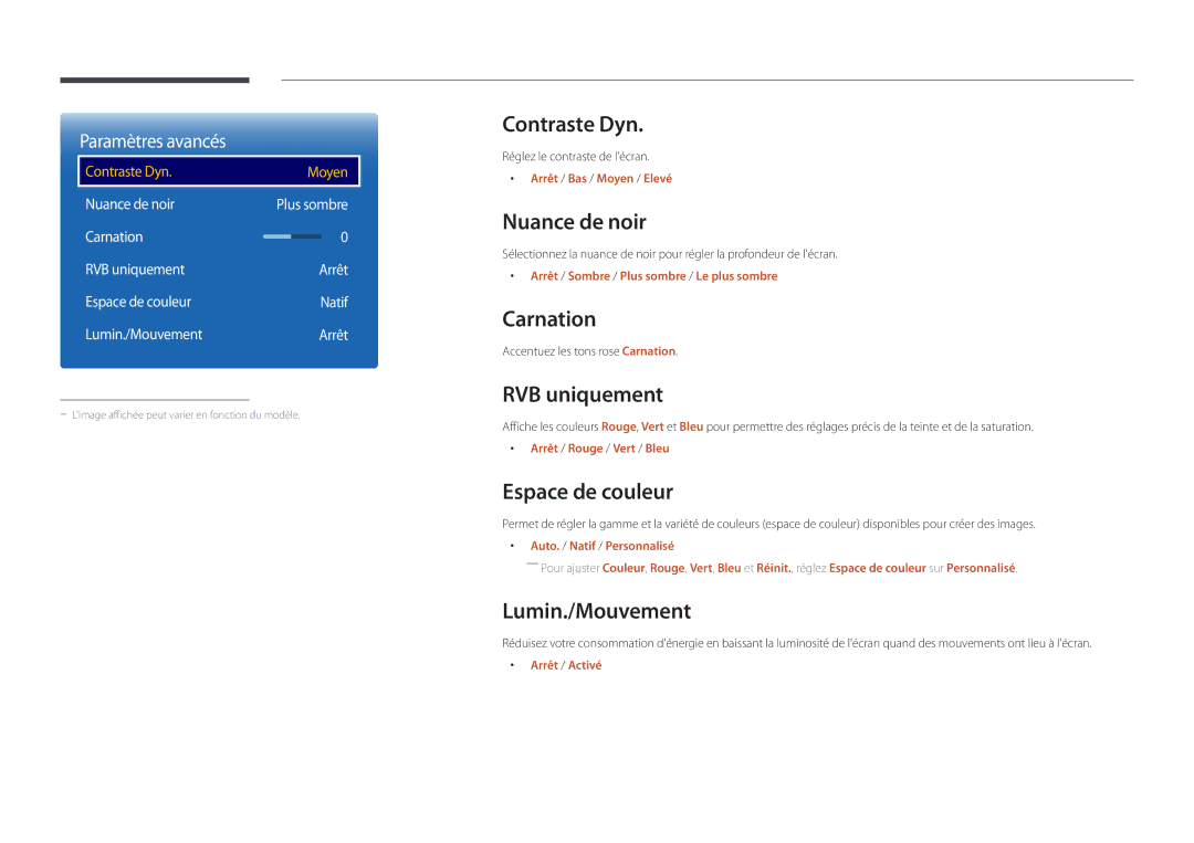 Samsung LH55DBDPLGC/EN manual Contraste Dyn, Nuance de noir, Carnation, RVB uniquement, Espace de couleur, Lumin./Mouvement 