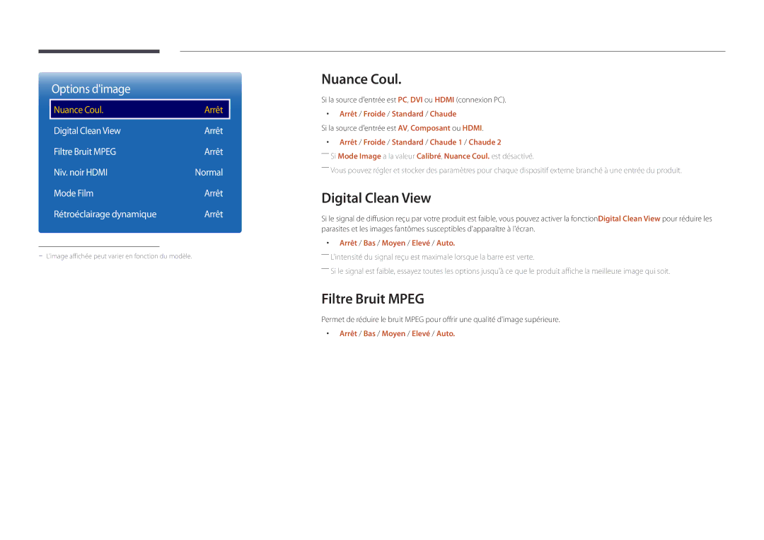 Samsung LH48DBDPLGC/EN, LH32DBDPLGC/EN, LH40DBDPLGC/EN, LH55DBDPLGC/EN Nuance Coul, Digital Clean View, Filtre Bruit Mpeg 