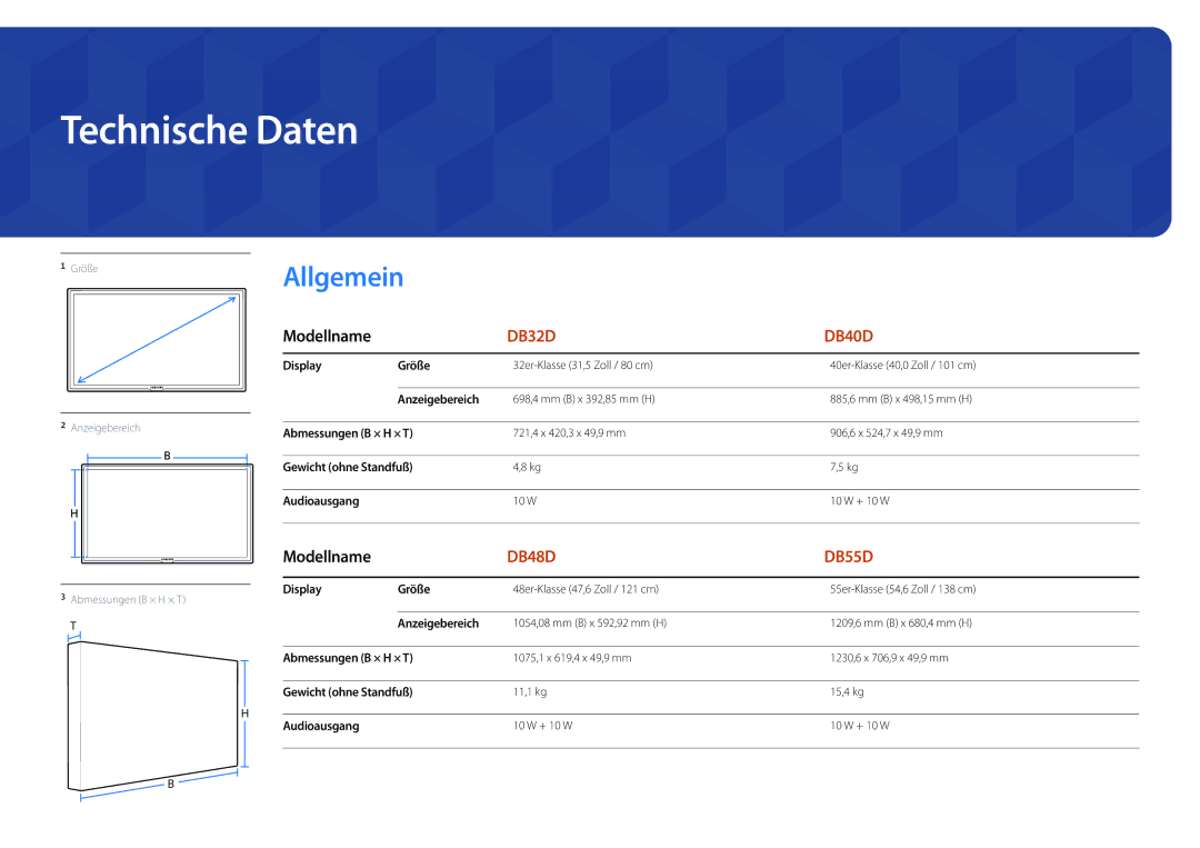 Samsung LH48DBDPLGC/EN, LH32DBDPLGC/EN, LH40DBDPLGC/EN, LH55DBDPLGC/EN manual Technische Daten 