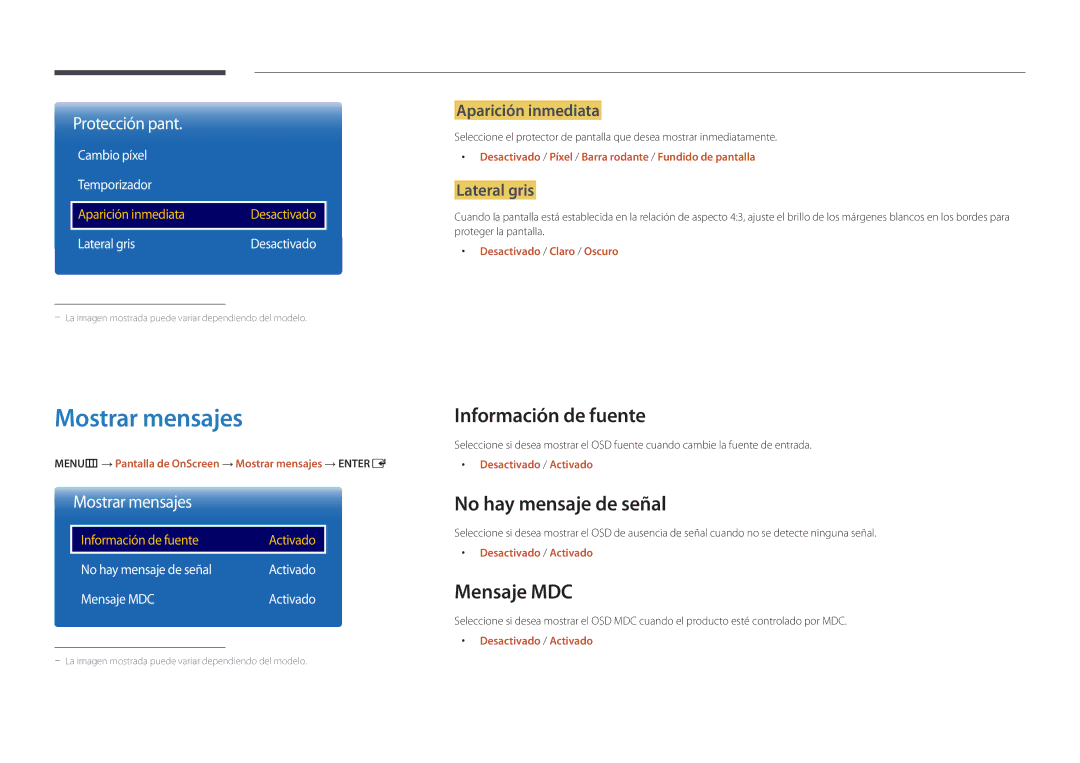 Samsung LH48DBDPLGC/EN, LH32DBDPLGC/EN manual Mostrar mensajes, Información de fuente, No hay mensaje de señal, Mensaje MDC 