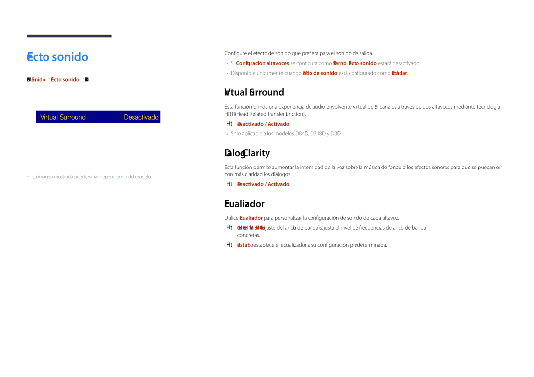 Samsung LH48DBDPLGC/EN, LH32DBDPLGC/EN, LH40DBDPLGC/EN manual Efecto sonido, Virtual Surround, Dialog Clarity, Ecualizador 