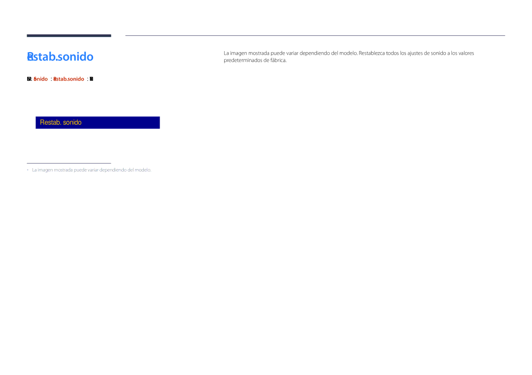 Samsung LH32DBDPLGC/EN, LH48DBDPLGC/EN, LH40DBDPLGC/EN, LH55DBDPLGC/EN manual Menu m → Sonido → Restab. sonido → Enter E 