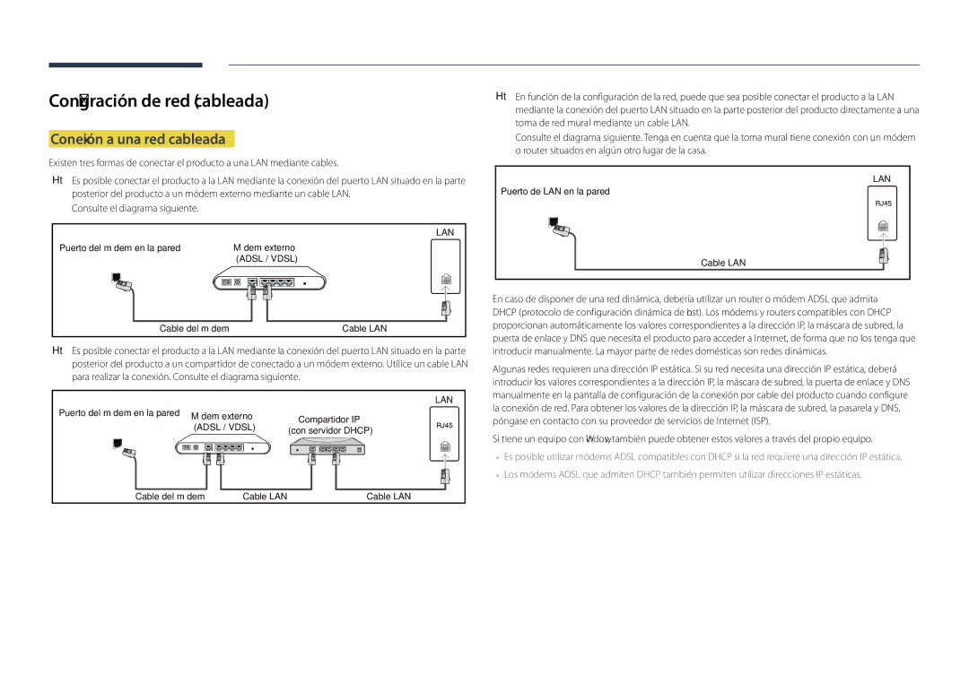 Samsung LH55DBDPLGC/EN, LH32DBDPLGC/EN, LH48DBDPLGC/EN manual Configuración de red cableada, Conexión a una red cableada 