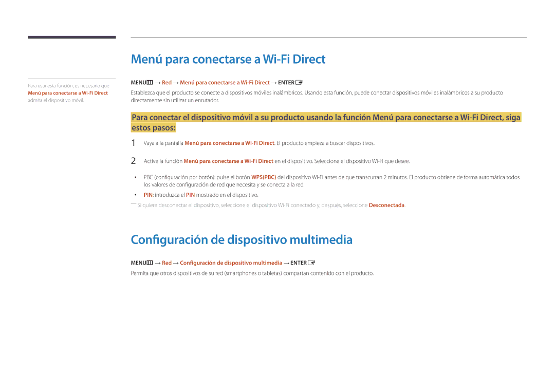 Samsung LH32DBDPLGC/EN, LH48DBDPLGC/EN manual Menú para conectarse a Wi-Fi Direct, Configuración de dispositivo multimedia 