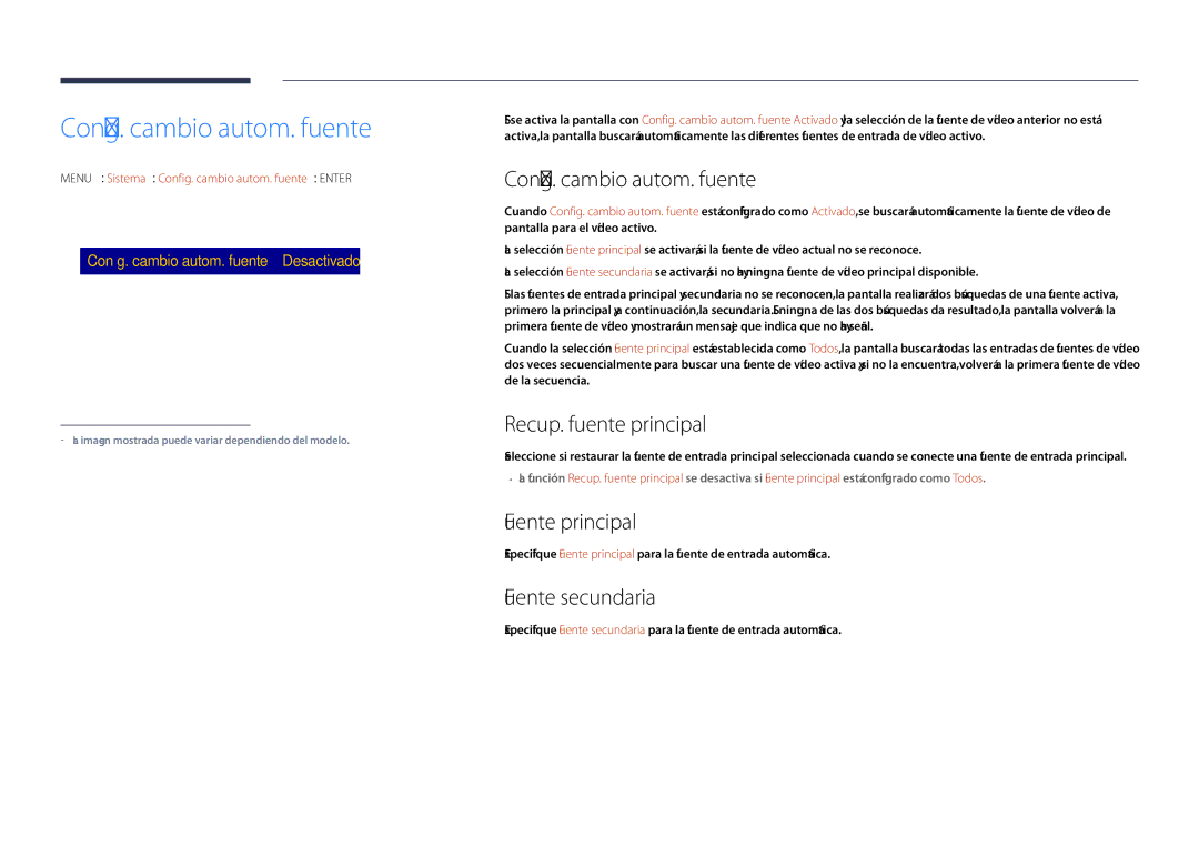 Samsung LH48DBDPLGC/EN manual Config. cambio autom. fuente, Recup. fuente principal, Fuente principal, Fuente secundaria 