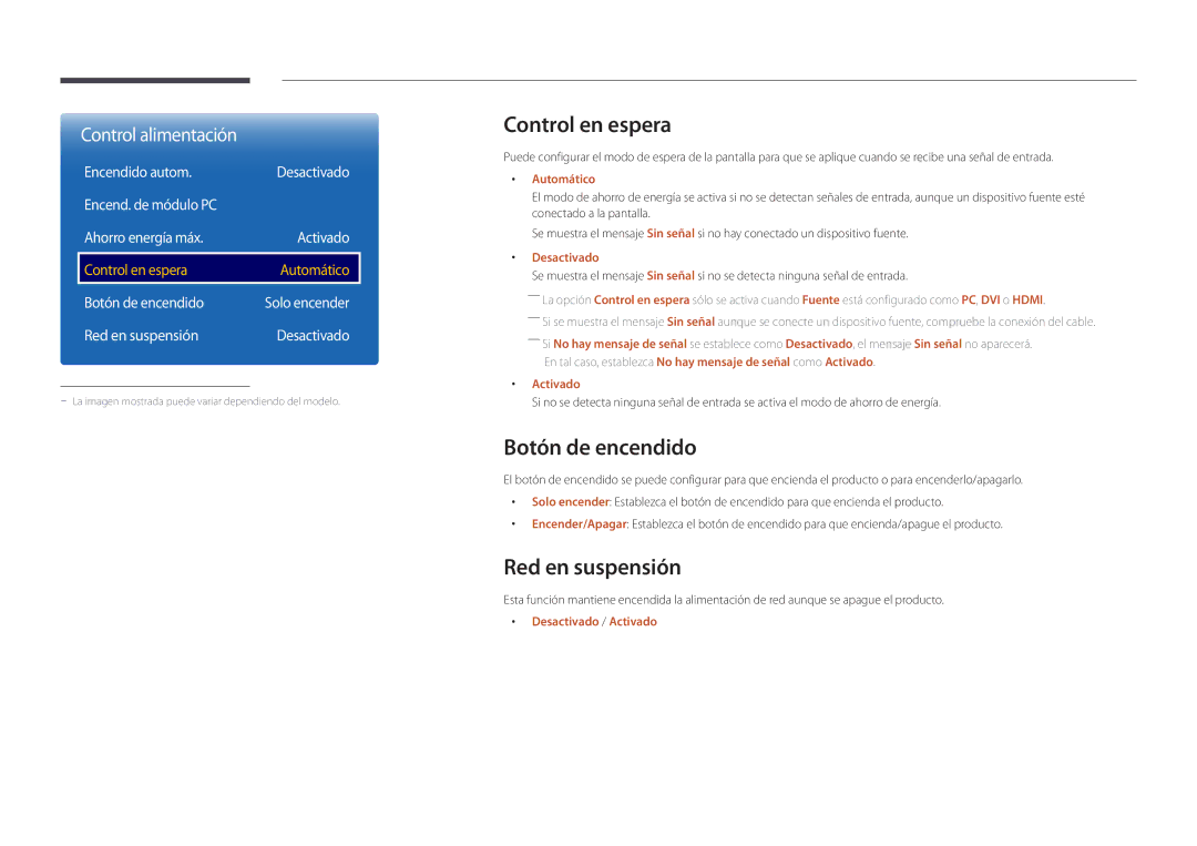 Samsung LH55DBDPLGC/EN, LH32DBDPLGC/EN manual Control en espera, Botón de encendido, Red en suspensión, Encendido autom 