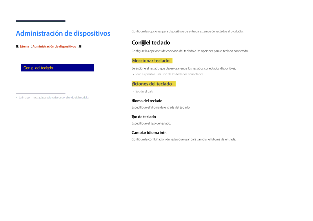 Samsung LH40DBDPLGC/EN Administración de dispositivos, Config. del teclado, Seleccionar teclado, Opciones del teclado 