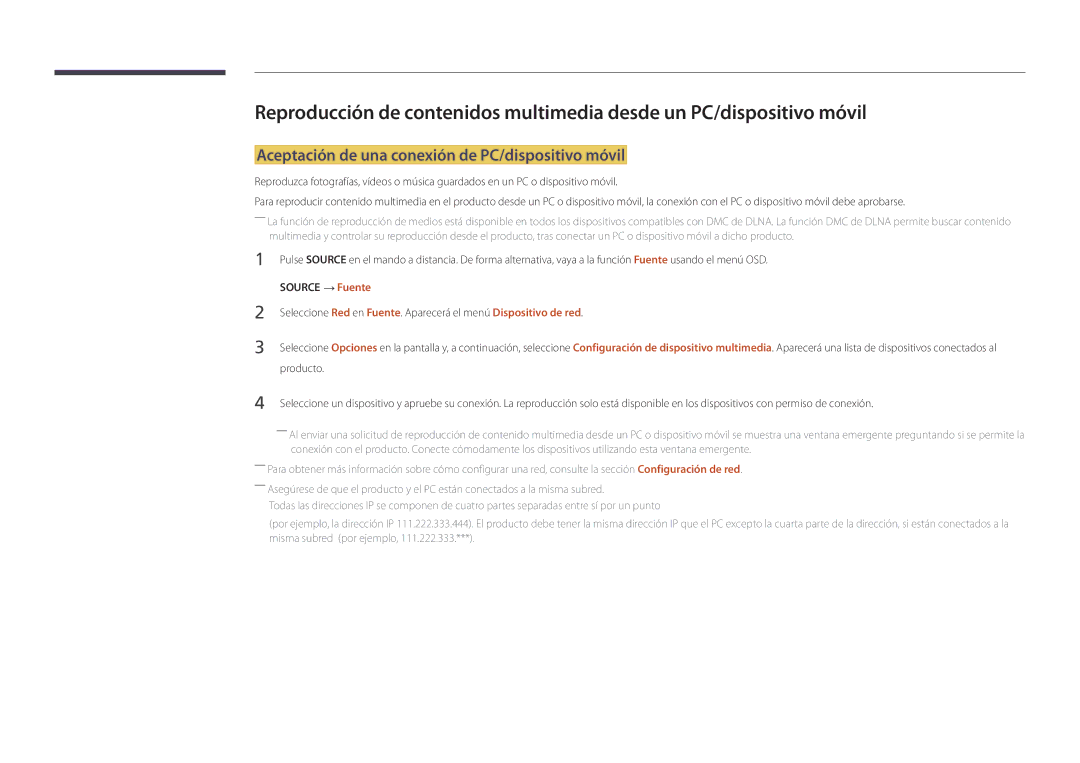 Samsung LH55DBDPLGC/EN, LH32DBDPLGC/EN, LH48DBDPLGC/EN, LH40DBDPLGC/EN Aceptación de una conexión de PC/dispositivo móvil 