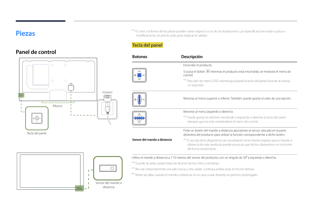 Samsung LH55DBDPLGC/EN manual Piezas, Panel de control, Tecla del panel, Botones Descripción, Sensor del mando a distancia 