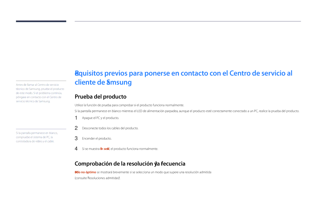 Samsung LH32DBDPLGC/EN manual Solución de problemas, Prueba del producto, Comprobación de la resolución y la frecuencia 