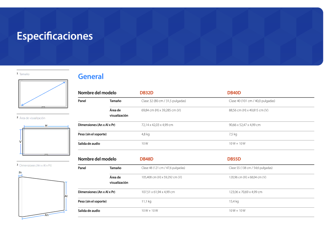 Samsung LH48DBDPLGC/EN Especificaciones, Panel Tamaño, Área de, Visualización Dimensiones An x Al x Pr, Salida de audio 