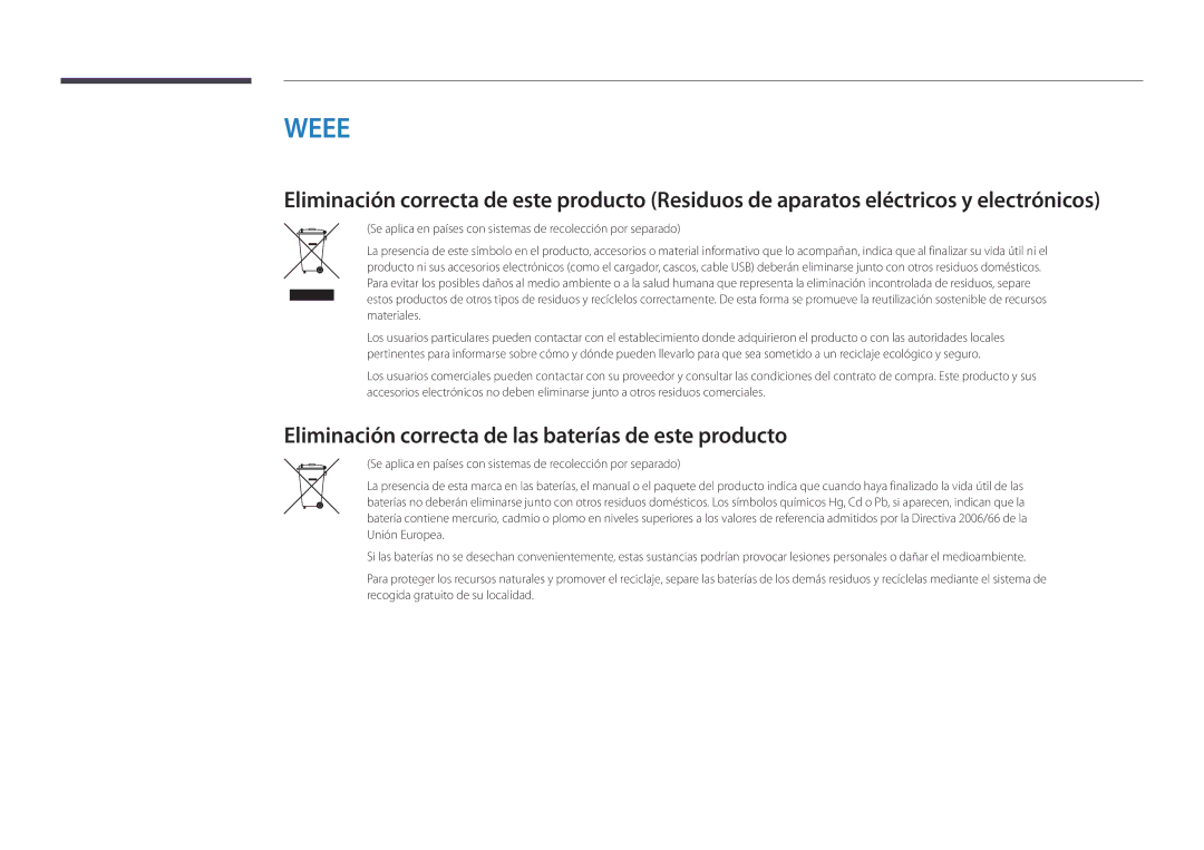 Samsung LH55DBDPLGC/EN, LH32DBDPLGC/EN, LH48DBDPLGC/EN manual Weee, Eliminación correcta de las baterías de este producto 