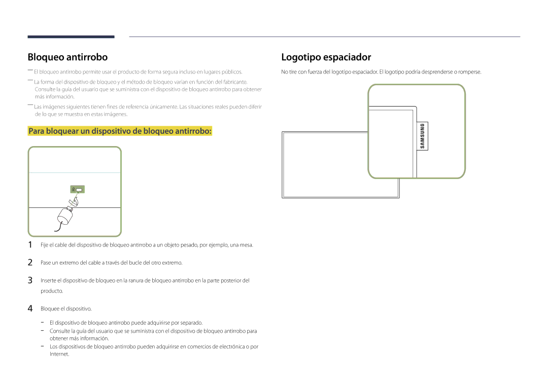 Samsung LH40DBDPLGC/EN, LH32DBDPLGC/EN, LH48DBDPLGC/EN Bloqueo antirrobo, Para bloquear un dispositivo de bloqueo antirrobo 