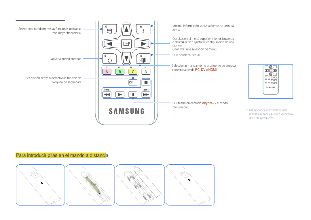 Samsung LH32DBDPLGC/EN, LH48DBDPLGC/EN manual Para introducir pilas en el mando a distancia, Volver al menú anterior 