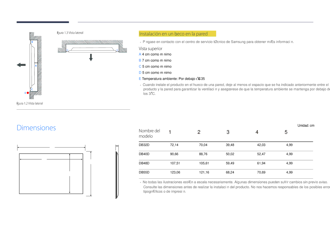 Samsung LH40DBDPLGC/EN, LH32DBDPLGC/EN Dimensiones, Instalación en un hueco en la pared, Vista superior, Nombre del Modelo 