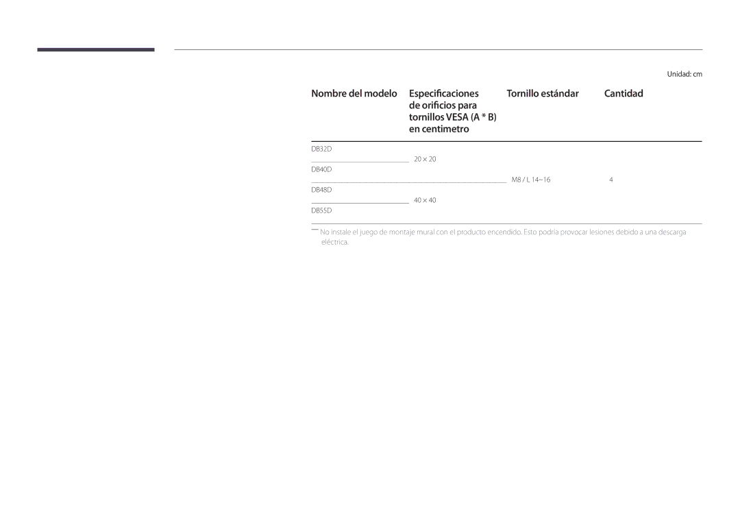 Samsung LH48DBDPLGC/EN, LH32DBDPLGC/EN, LH40DBDPLGC/EN, LH55DBDPLGC/EN manual En centimetro, Unidad cm 