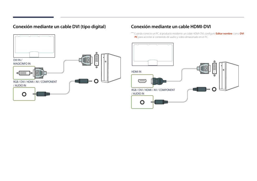 Samsung LH32DBDPLGC/EN, LH48DBDPLGC/EN Conexión mediante un cable DVI tipo digital, Conexión mediante un cable HDMI-DVI 