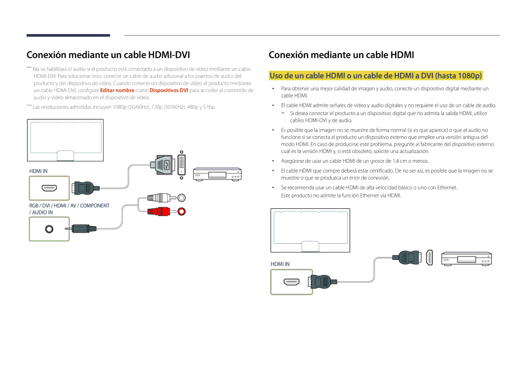 Samsung LH55DBDPLGC/EN manual Uso de un cable Hdmi o un cable de Hdmi a DVI hasta 1080p, Cables HDMI-DVI y de audio 