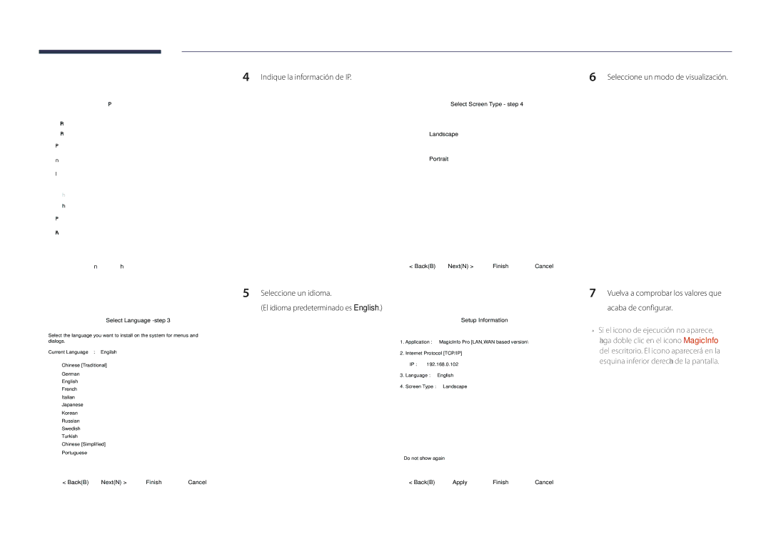 Samsung LH40DBDPLGC/EN, LH32DBDPLGC/EN manual Indique la información de IP Seleccione un idioma, Select TCP/IP step 