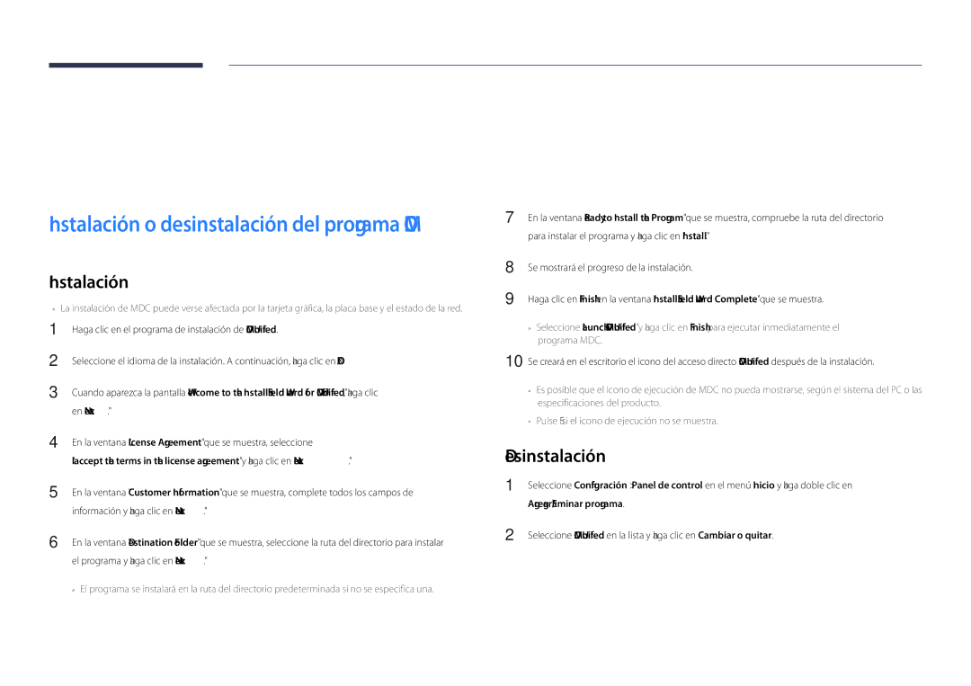 Samsung LH32DBDPLGC/EN, LH48DBDPLGC/EN, LH40DBDPLGC/EN, LH55DBDPLGC/EN Uso de MDC, Desinstalación, Agregar/Eliminar programa 