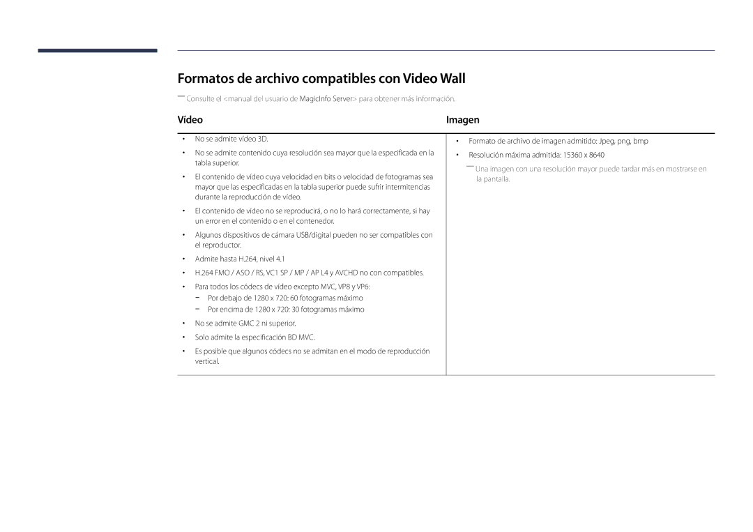 Samsung LH48DBDPLGC/EN, LH32DBDPLGC/EN, LH40DBDPLGC/EN, LH55DBDPLGC/EN Formatos de archivo compatibles con Video Wall, Vídeo 