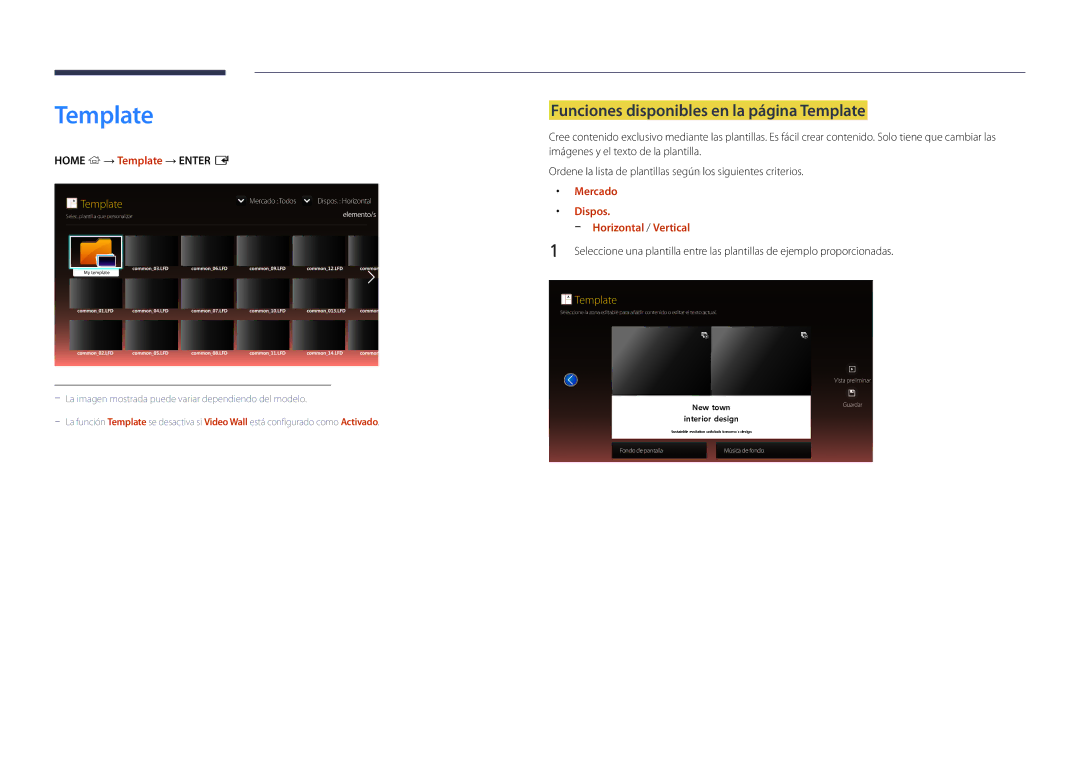 Samsung LH48DBDPLGC/EN manual Funciones disponibles en la página Template, Home → Template → Enter E, Mercado, Dispos 