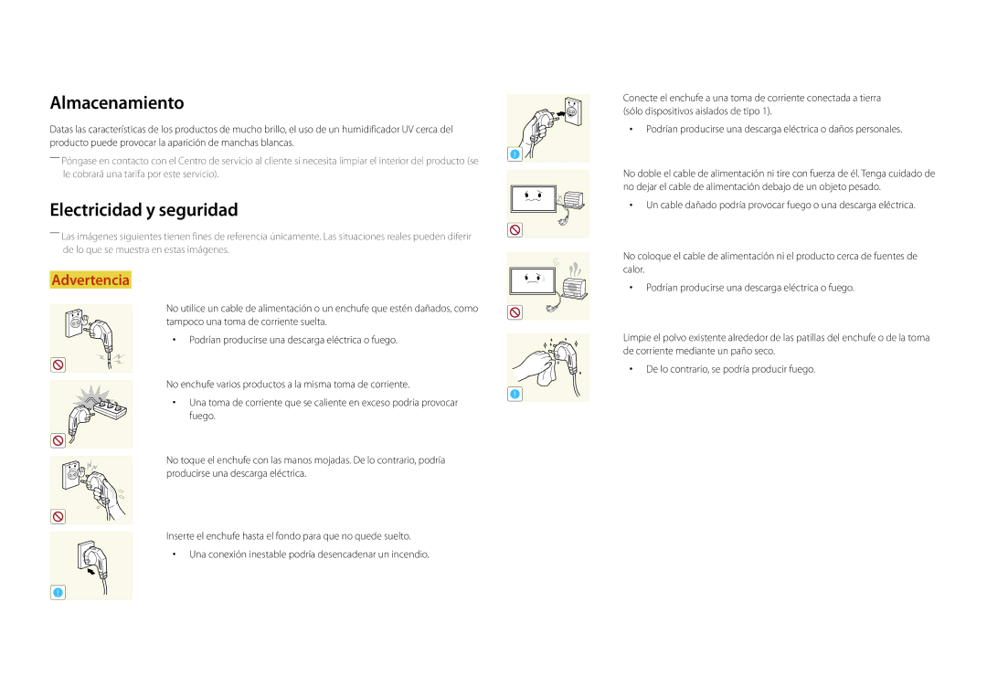 Samsung LH55DBDPLGC/EN, LH32DBDPLGC/EN, LH48DBDPLGC/EN, LH40DBDPLGC/EN manual Almacenamiento, Electricidad y seguridad 