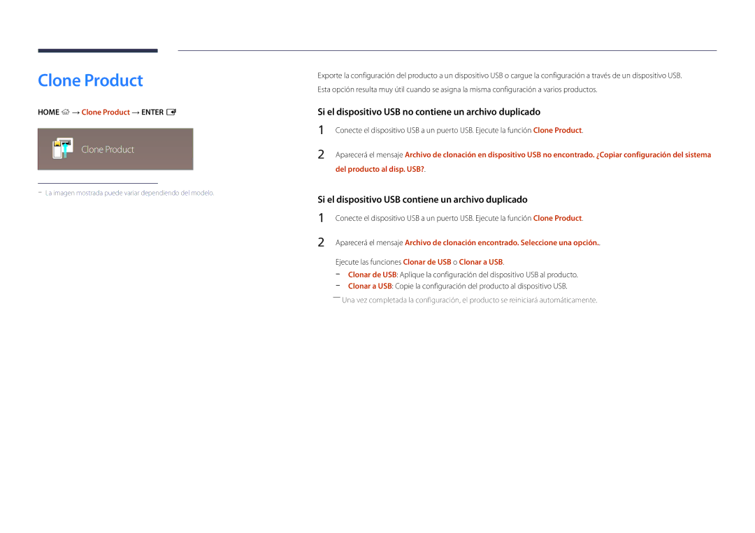 Samsung LH32DBDPLGC/EN, LH48DBDPLGC/EN, LH40DBDPLGC/EN manual Home → Clone Product → Enter E, Del producto al disp. USB? 