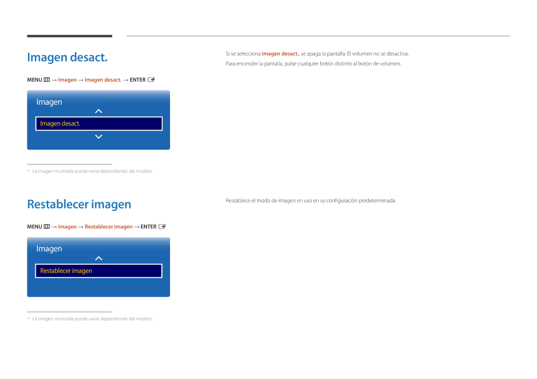 Samsung LH55DBDPLGC/EN, LH32DBDPLGC/EN, LH48DBDPLGC/EN Restablecer imagen, Menu m → Imagen → Imagen desact. → Enter E 