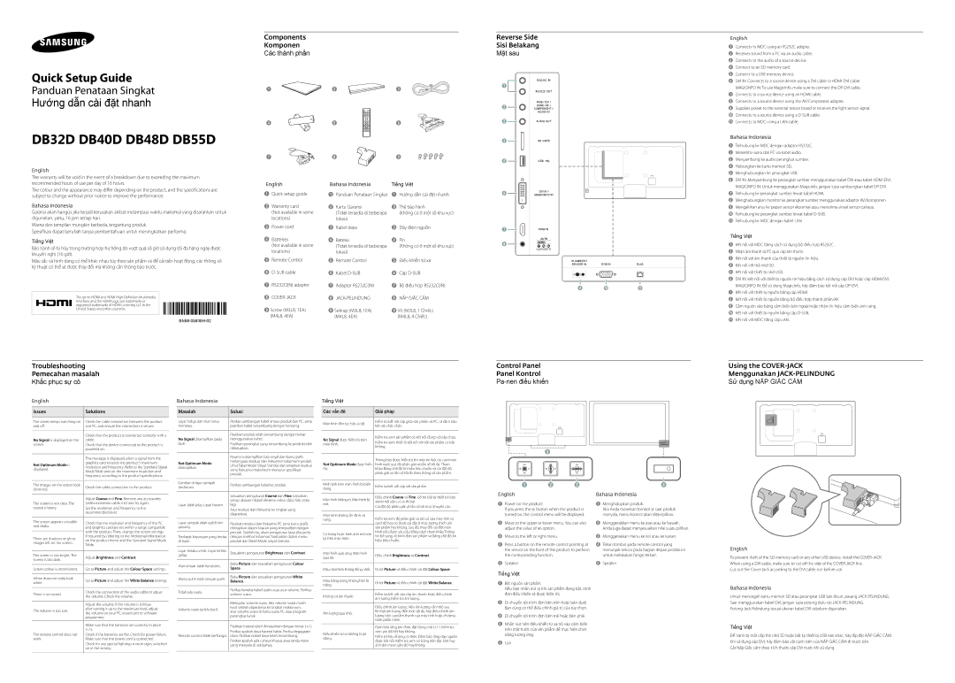 Samsung LH48DBDPLGC/EN, LH32DBDPLGC/EN manual Troubleshooting Pemecahan masalah Khắc phục sự cô, Các vấn đê Giải pháp 