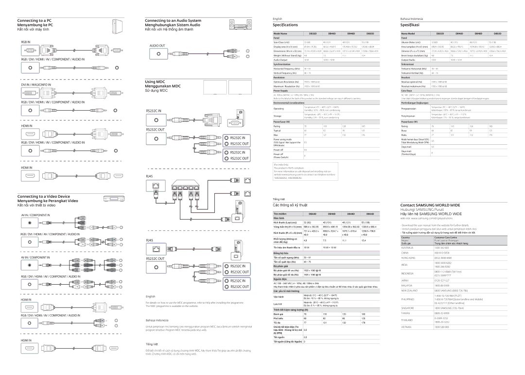 Samsung LH40DBDPLGC/EN Connecting to a PC Menyambung ke PC Kết nối với máy tính, Using MDC Menggunakan MDC Sử dụng MDC 